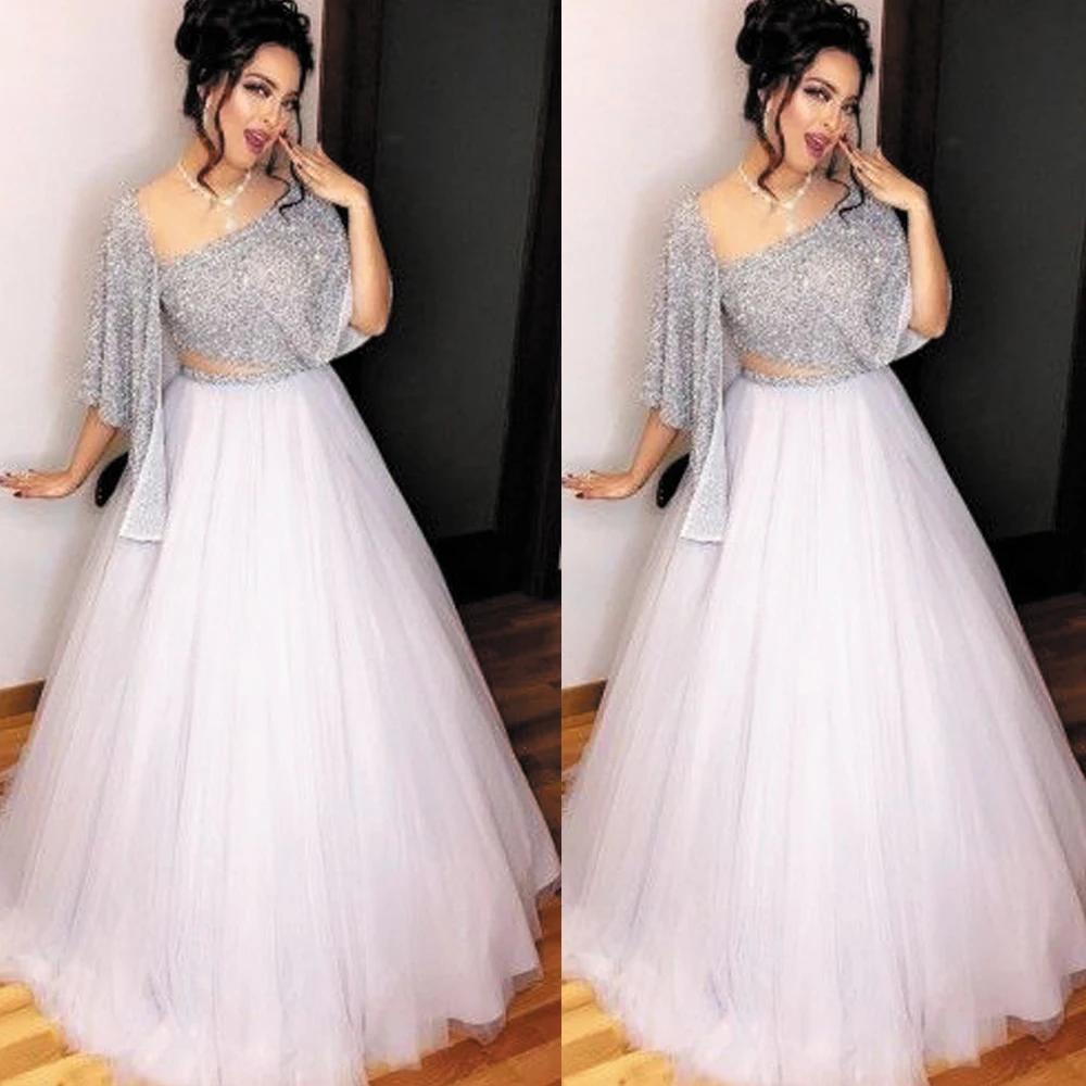 

SuperKimJo Vestido Arabic Prom Dress Ball Gown Sparkly Beaded Silver Luxury Prom Gown Vestidos De Fiesta De Noche