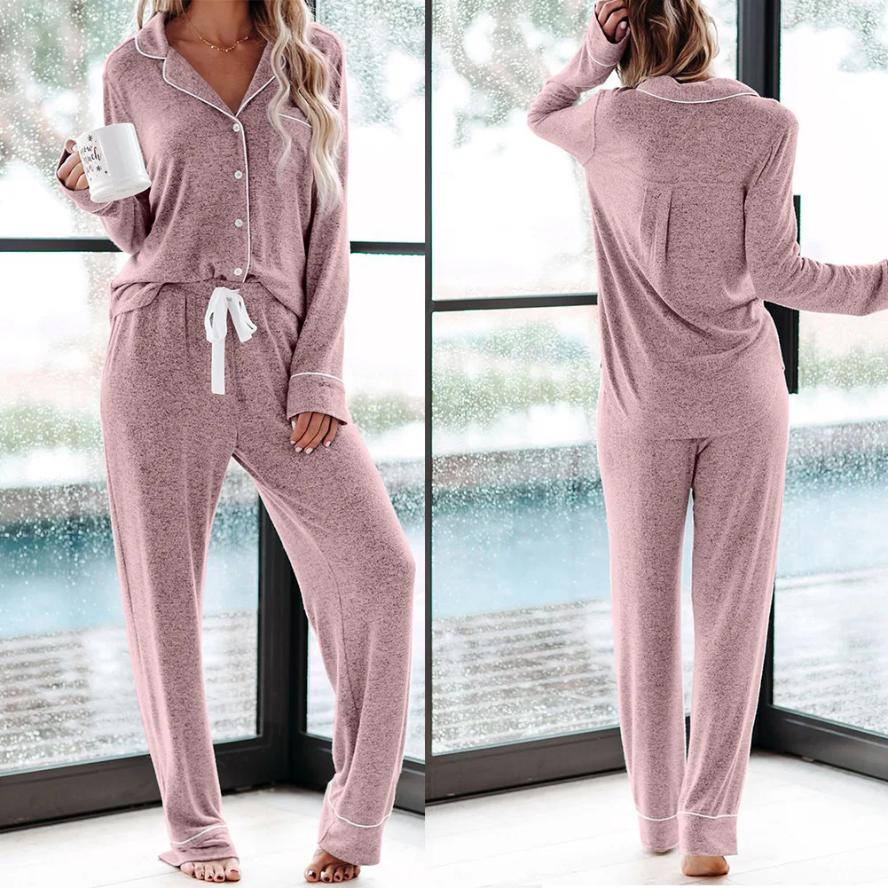 

Sleeping Button Down Loose Drawstring Closure Soft V Neck Loungewear Trousers Adult Women Pajama Set Two Piece Home Long Sleeve