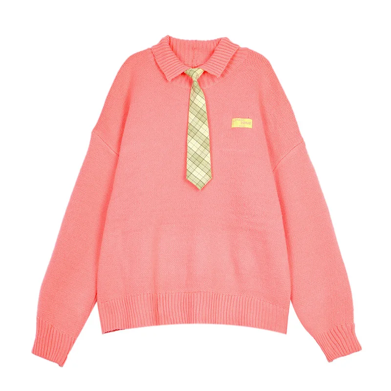 

Autumn Winter Knitted Lapel Sweater 2020 Casual Style Women's Tops Regular Cotton Material Fashionable Wild Tie Pure Color