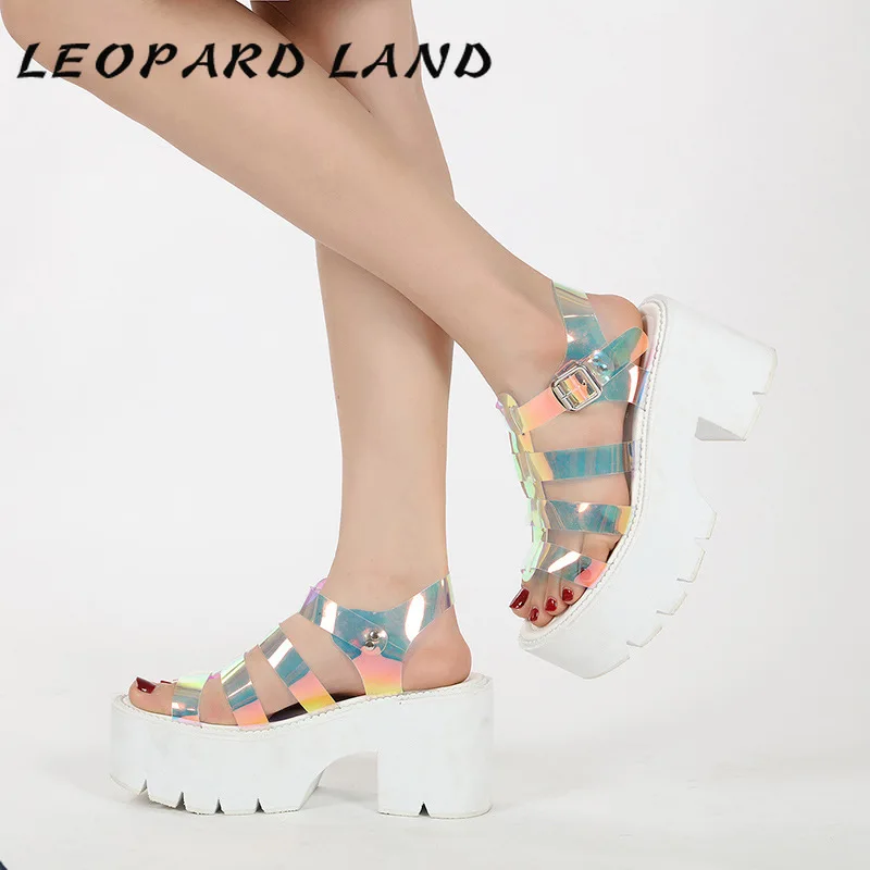 

LEOPARD LAND 8.5cm Heels Summer 2021 Personalized Colorful White Thick Soled Sandals Large Women's Shoes Factory Wholesale LHX
