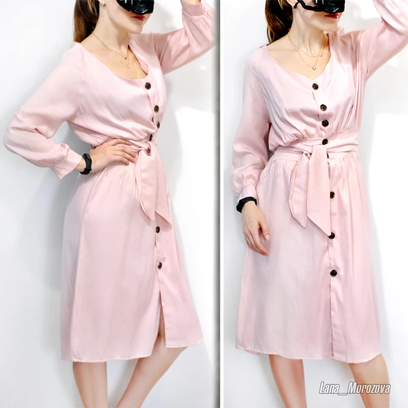 Женское Бандажное платье рубашка с треугольным вырезом и рукавами фонариками