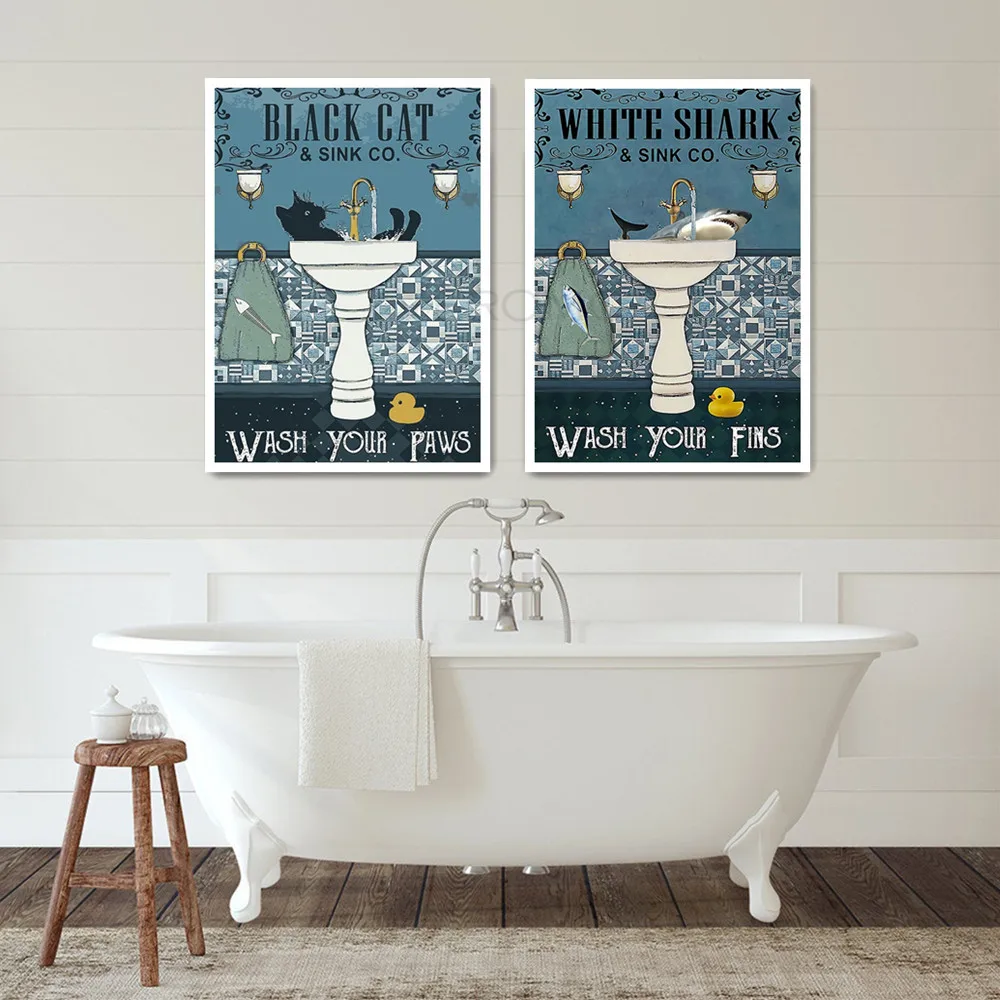 

Poster Black Cat Wash Your Paws Painting Bathroom Decoration Artwork Hd Print Vintage Toilet Modular Furniture Canvas Picture