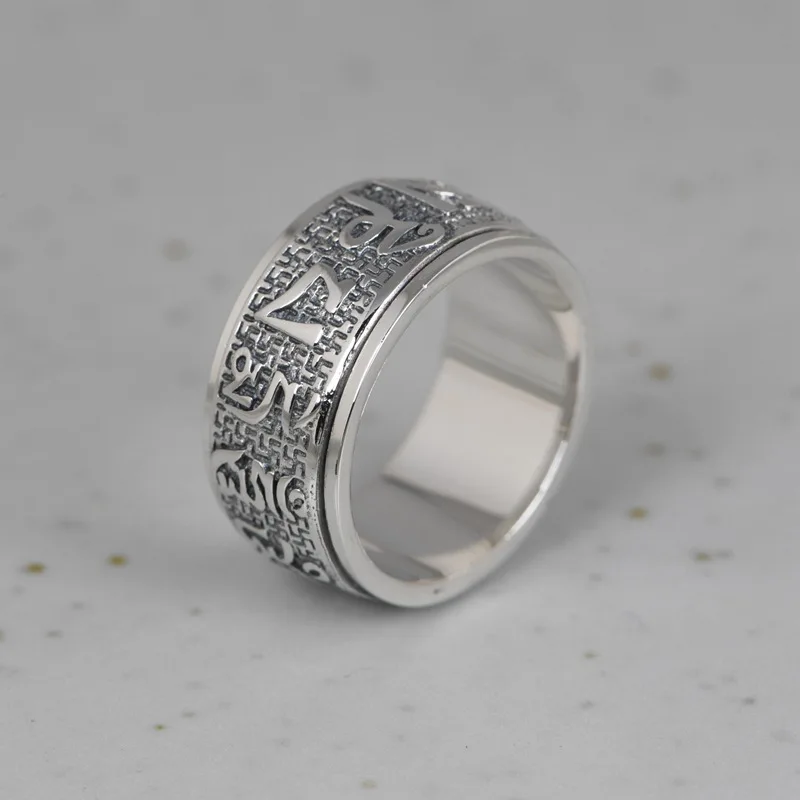 Винтажное вращающееся кольцо из стерлингового серебра S925 пробы с мантрой в