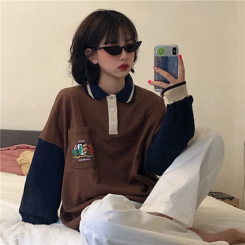 HOUZHOU Women Sweetshirts Kawaii Harajuku Pullovers Polo Sudaderas Vintage Clothes Korean Fashion Street Style Tops Patchwork