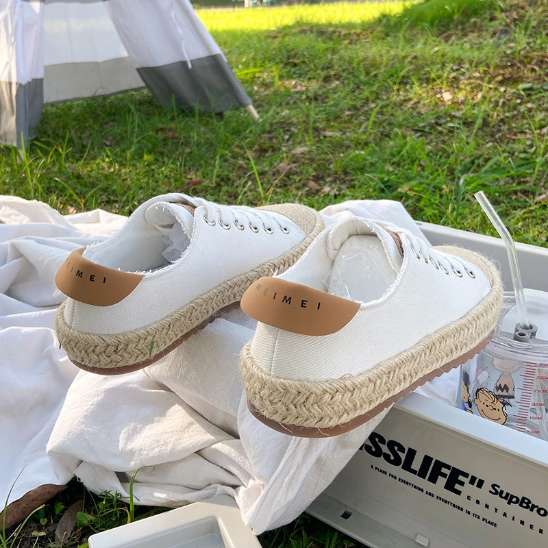 

white Flat shoes for women 2021 summer Hemp Lace Up canvas shoe black luxury running non-leather casual woman vulcanize shoes