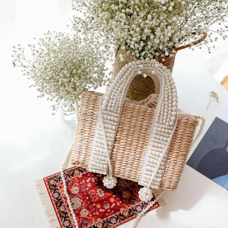 

Pearl Chain Summer Small Straw Shoulder Bags For Women Rattan Weave Travel Beach Square Bag Women's Fashion Crossbody Handbags
