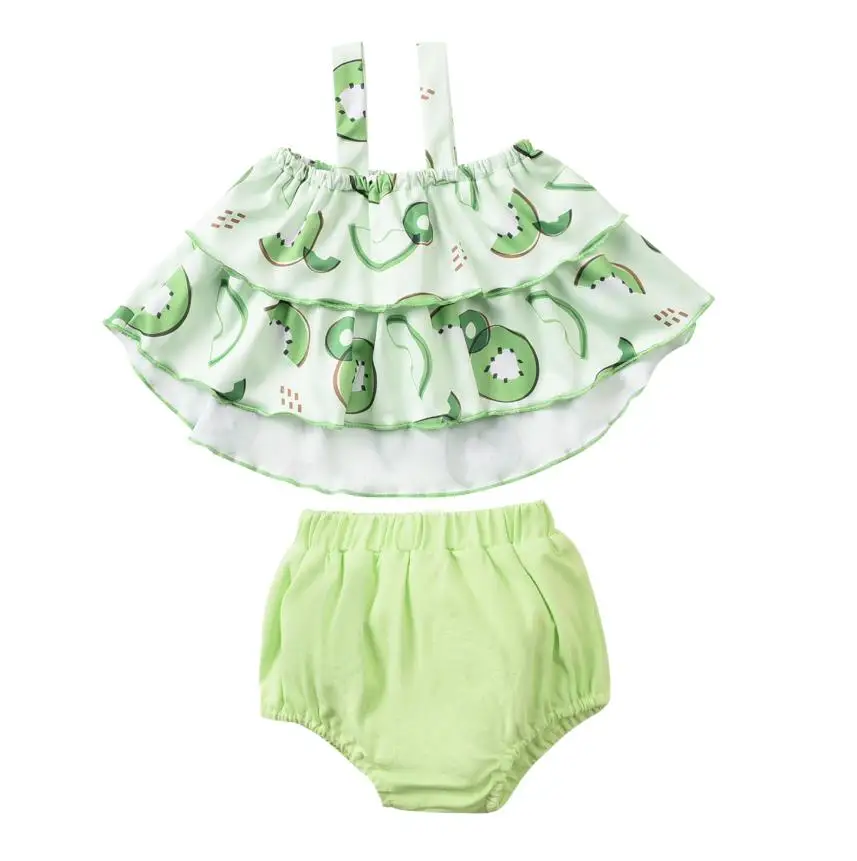 

2 шт., летний костюм для девочек, топ без рукавов с принтом фруктов и оборками