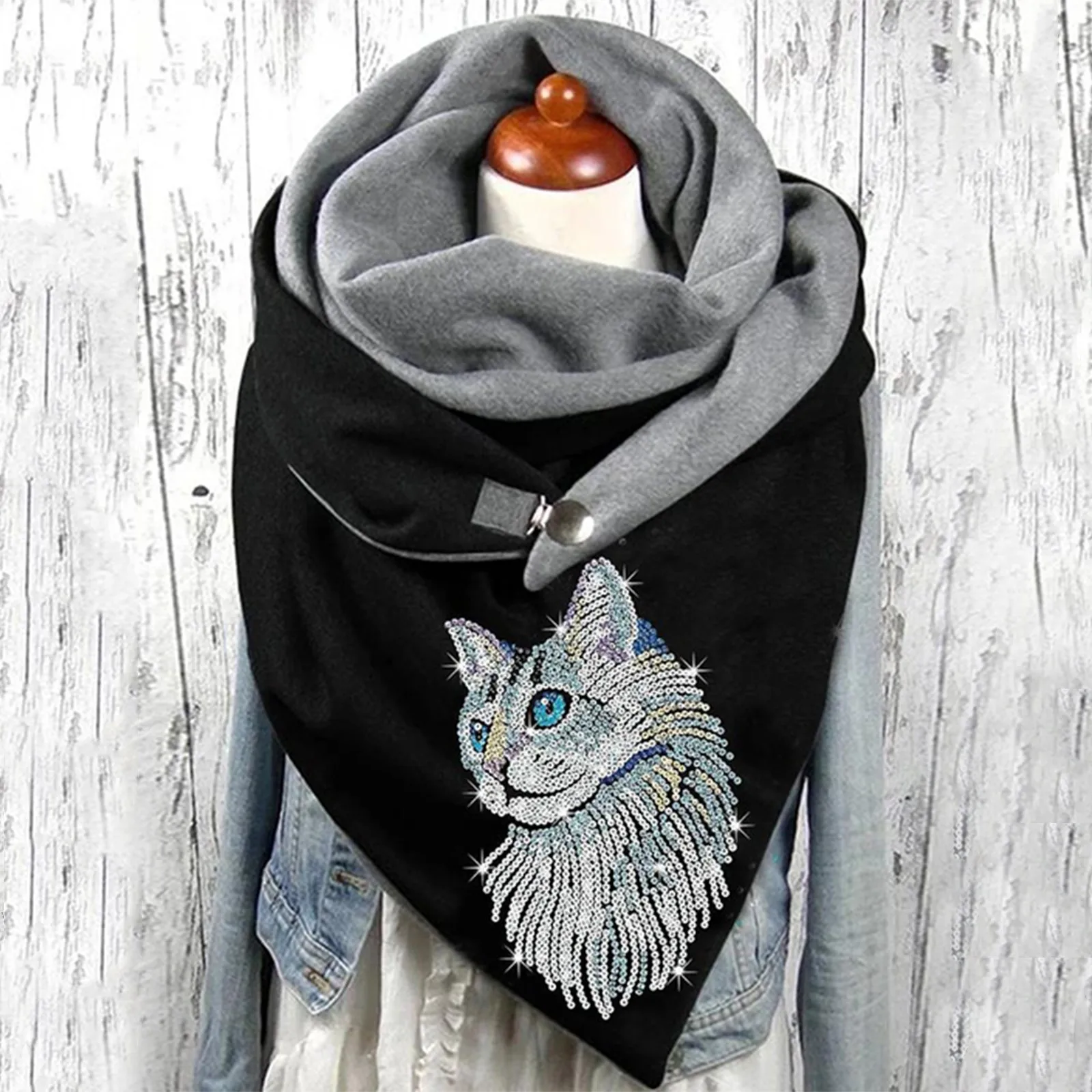 

Модный шарф с принтом милого кота, женский шарф на пуговицах, повседневные теплые женские шарфы, теплые зимние женские шали, горячая Распрод...