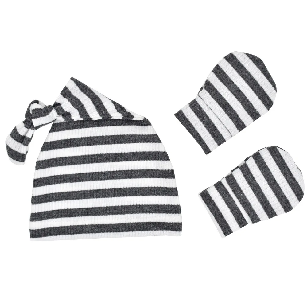 2Pcs/Set Cotton Baby Hats Mittens Newborn Stripe Knot Soft India Cap Toddler Anti Scratching Gloves Girl Warmer Long Tail Beanie | Детская