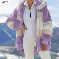 hot sale winter women jacket fashion plush patchwork zipper pocket hooded jacket classic loose pullover plus size women top coat