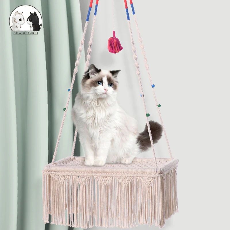 

Cat Hanging Bed Cotton Pet Nest Cat Dog Hammock Thread Toy Swing Bohemian Wall Hanging Macrame Tassel Bearing 35kg Pet Products