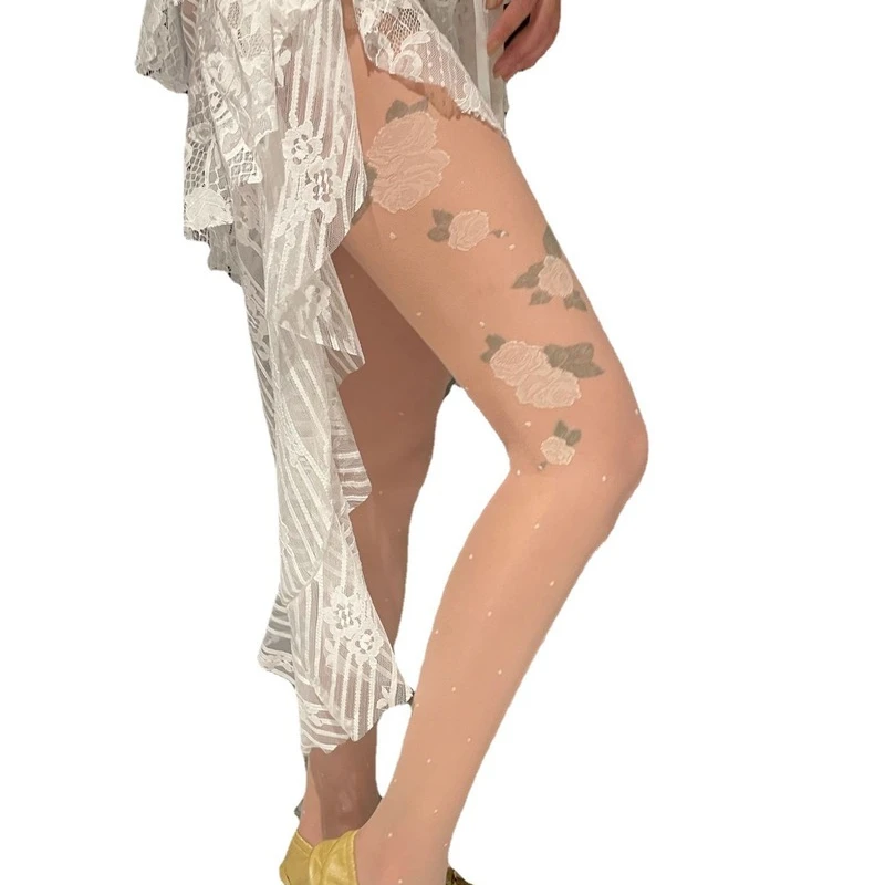 

French Sexy Lace Sheer Pantyhose Designer Stockings Summer Fashion Nylon Rose Printed Tights Flesh-Colored Seamless Pantyhose