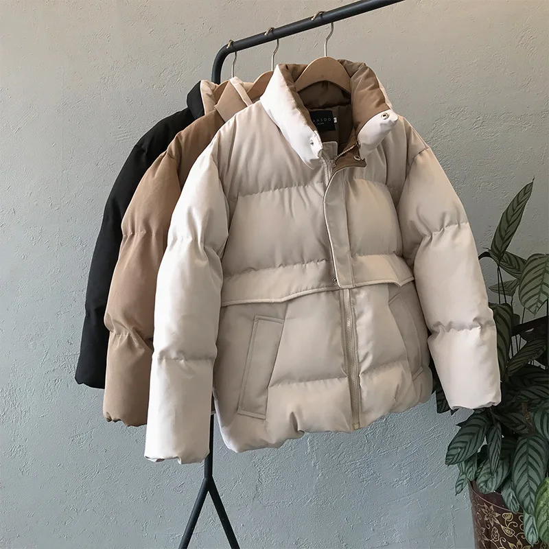 

Women winter solid color down jacket women's oversized loose jacket with stand-up collar thickened warm casual coat