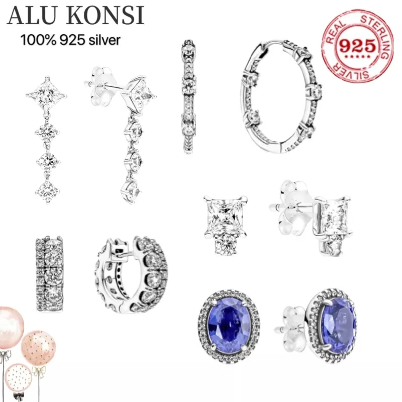 

2021 new series Original luxury Real 925 Sterling Silver authentic pan earrings crystal For Women DIY fashion wedding Jewelry