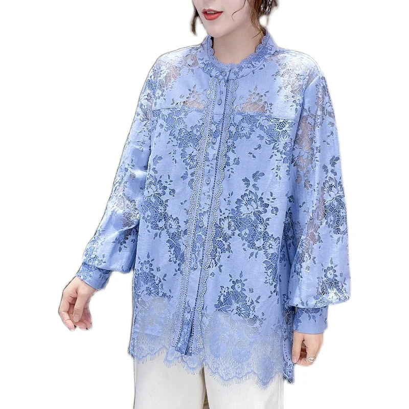 

2021 Spring Stand Collar Lace Hollow out Sexy Lolita Lady Chic Long Sleeve Shirt
