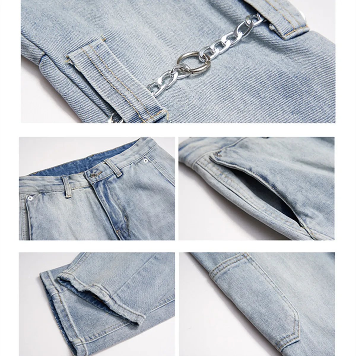 2021 Korean Fashion Chain Decoration Retro Washed Men Pencil Jeans Trousers Hip Hop Slim Casual Women Punk Denim Pants For Teens