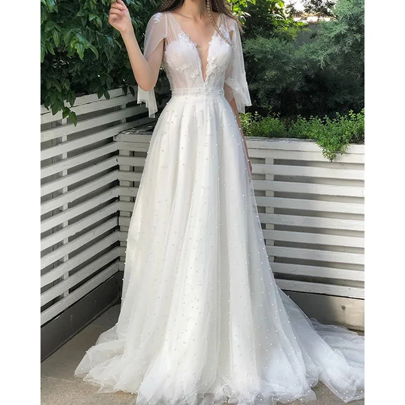 Ordifree Summer Women Maxi Party Dress Beading Sexy Transparent Mesh Long Tulle Dress