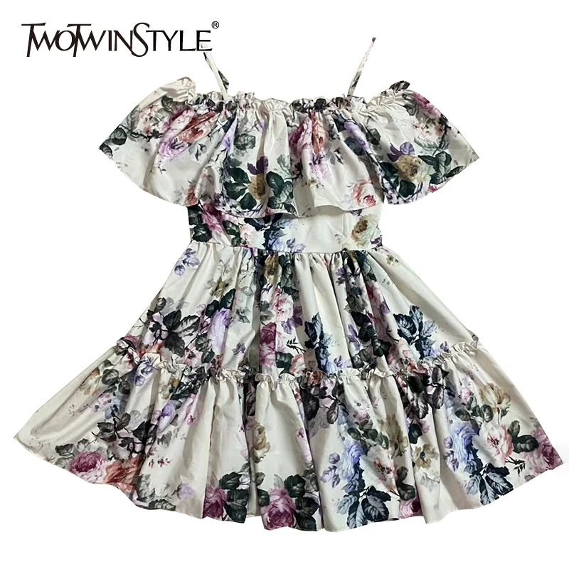 

Женское платье с цветочным принтом TWOTWINSTYLE, летнее, белое, лоскутное, с воротником-лодочкой, коротким рукавом, высокой талией и оборками