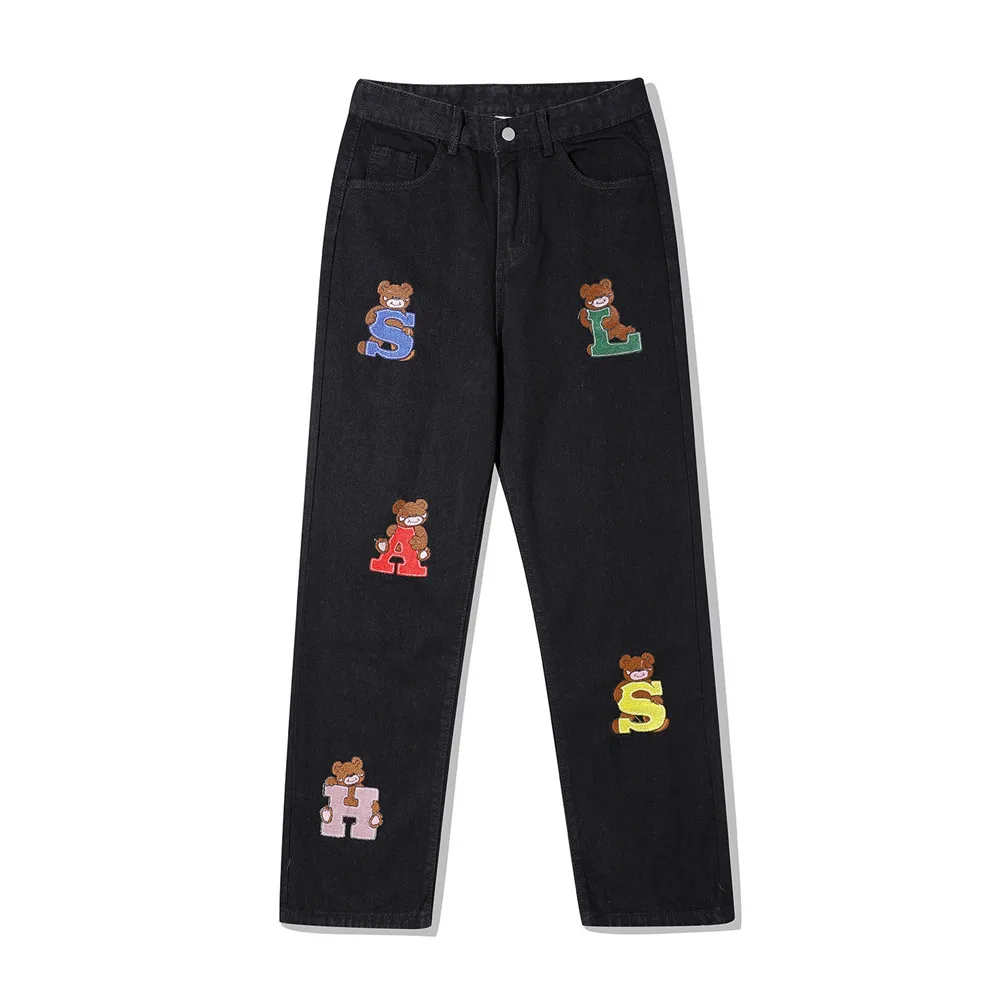 2021 Korean Fashion Cartoon Bear Embroidery Stylish Men Vintage Jeans Trousers Hip Hop Straight Women Wash Denim Pants For Teens