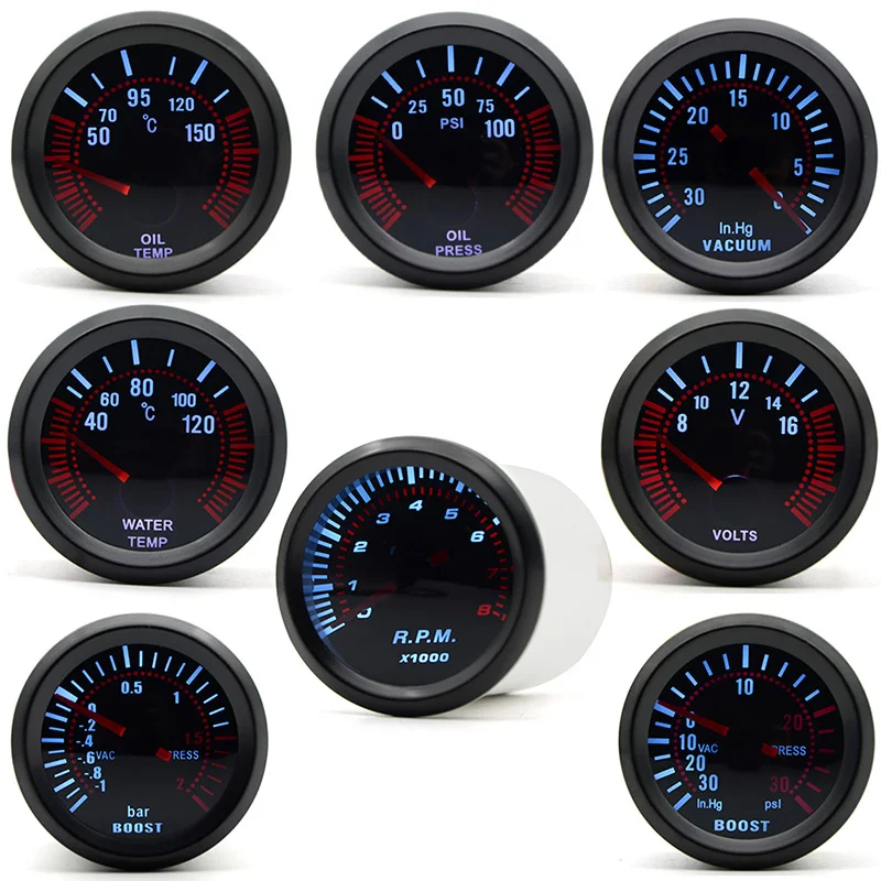 2" 52mm Smoke lens Boost gauge bar psi/Vacuum/Water temp/Oil temp/Oil pressure/Voltmeter/Tachometer RPM Car Gauge +Gauge Pods