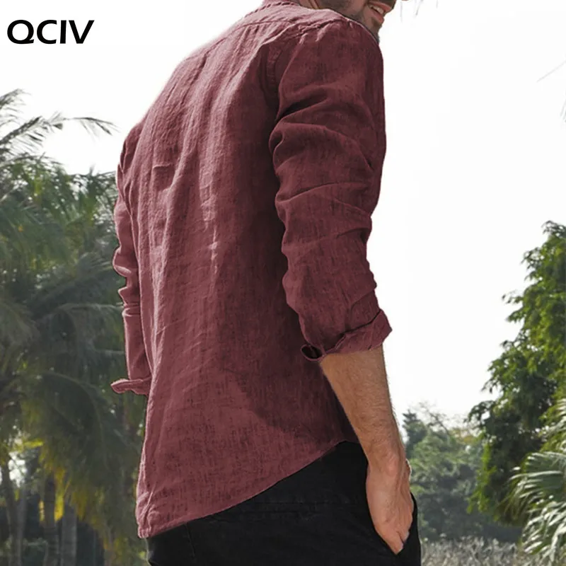 

5XL Mens Dress Shirts Long Sleeve Button Crew Neck Linen Cotton Shirts Solid Loose Autumn Hiphop Plus Size Male Clothes