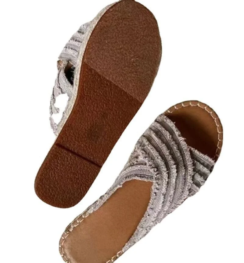 

2021 Women Mesh Hemp Slippers Female Cross Tied Slides Woman Open Toe Summer Leisure Shoes Ladies New Casual Footwear Plus Size