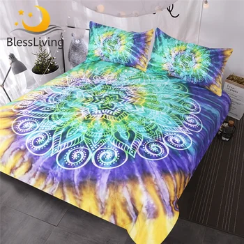 BlessLiving Lotus Flower Tie Dye Bedding Sets 3 Piece Bohemian Mandala Duvet Cover Yellow Purple Green Tye Dye Home Textiles 1