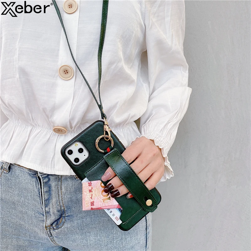 Браслет на запястье и кармашком для карточек кожаный чехол iPhone 11 12 Pro Max SE 6S 6 Plus 8 7 XR