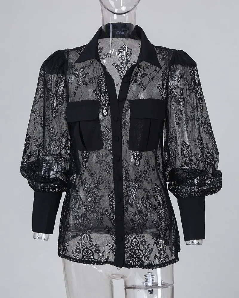 Сексуальный черный из прозрачной ткани сетчатая кружевная блузка с буфами на