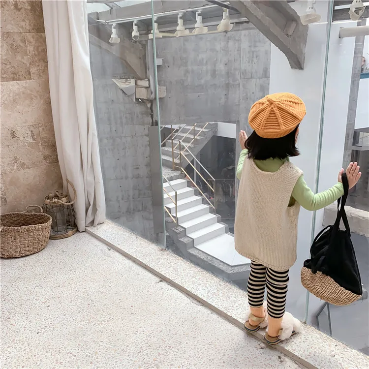 Осень 2019 милое вязаное платье-жилет в Корейском стиле для девочек детское платье