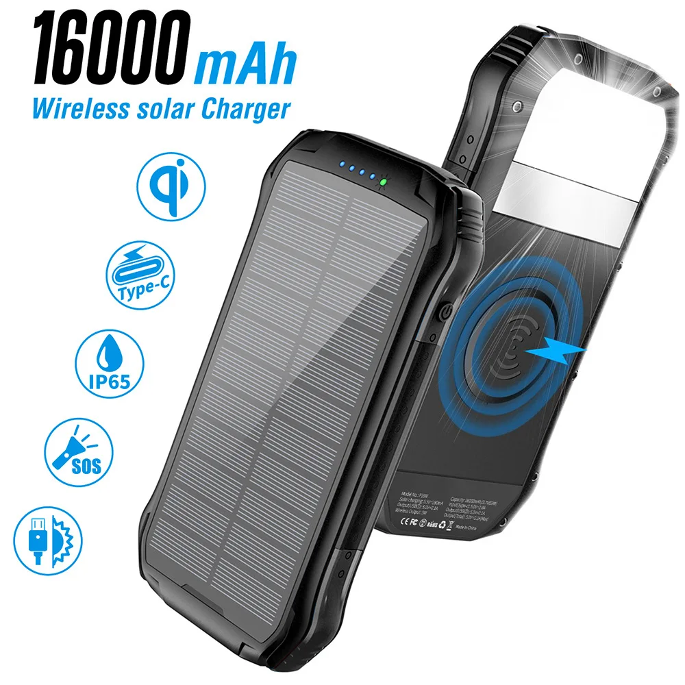 

10W Fast Qi Wireless Charger Solar Power Bank 16000mAh PD 18W Type C Powerbank for iPhone 12 Huawei Samsung S21 Xiaomi Poverbank