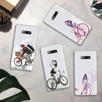 cartoon cycling girl phone case transparent for samsung galaxy a71 a21s s8 s9 s10 plus note 20 ultra