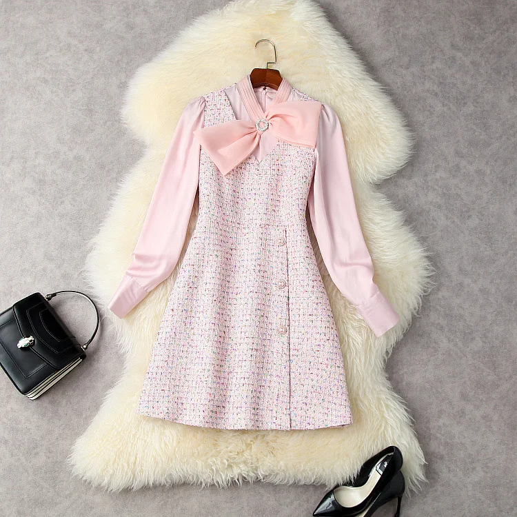 

Женская одежда в европейском и американском стиле, Новинка осени 2022, твидовое модное розовое платье в стиле пэчворк с длинным рукавом и бант...