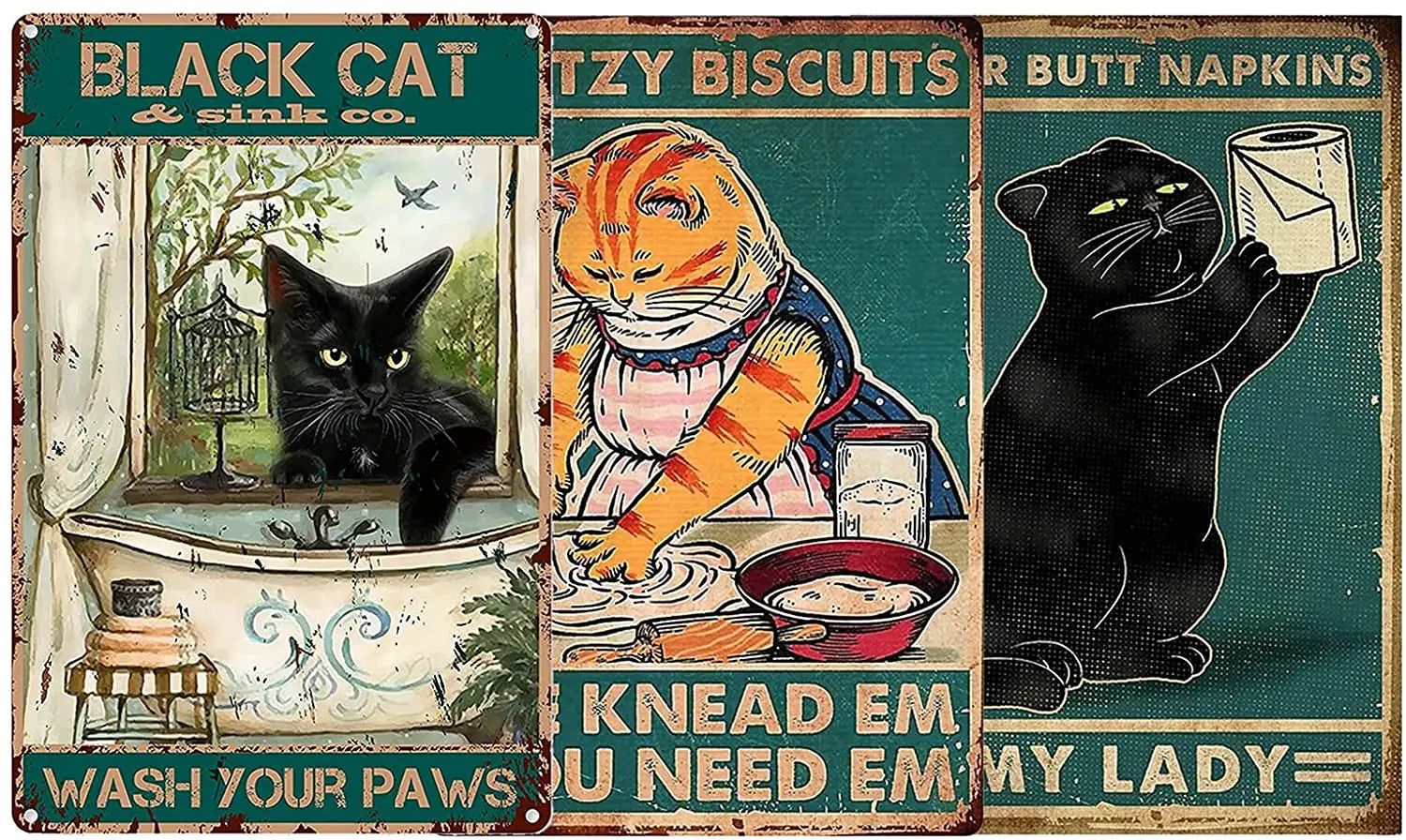 

YOMIA Black Cat Tin Signs 3 Pcs Vintage Metal Poster Plaque for Home Kitchen Bathroom 8x12 Inch