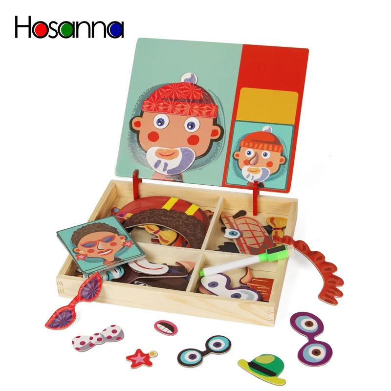 

Wooden Kids Educational Toys Scene Magnet Puzzles Game Set Easel Board Fun Reusable Stickers for Children Gift