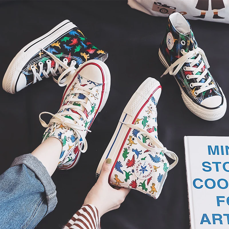 Парусиновая обувь для девочек Кроссовки на высоком каблуке с рисунком динозавра