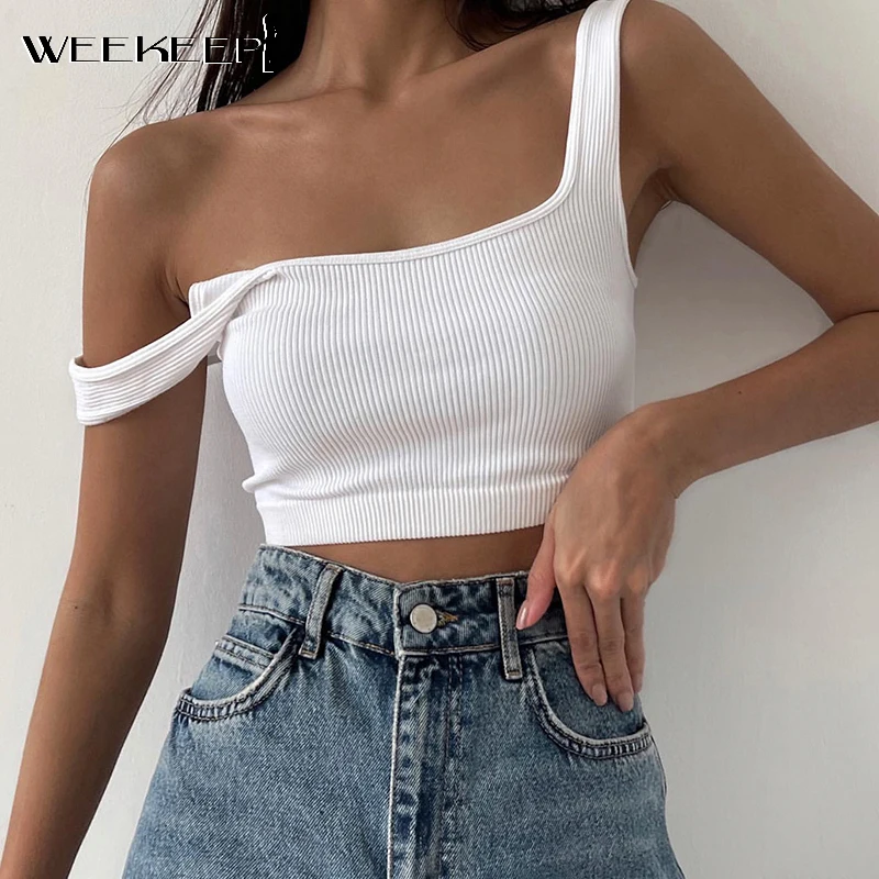 

Женская майка в рубчик Weekeep, повседневная, без рукавов, летняя, узкий трикотаж, укороченная, однотонная, для фитнеса, Y2k