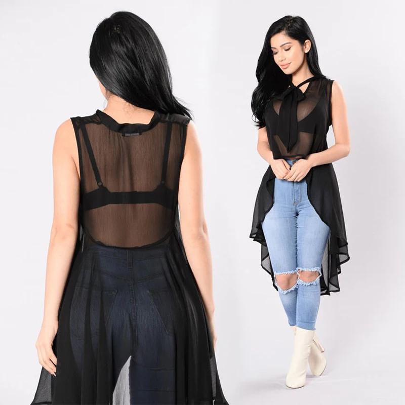 

Meihuida Summer Hot Women Sleeveless See through Long Shirt BurgundyTranslucent Mesh Sheer Irregular Blouse Streetwear