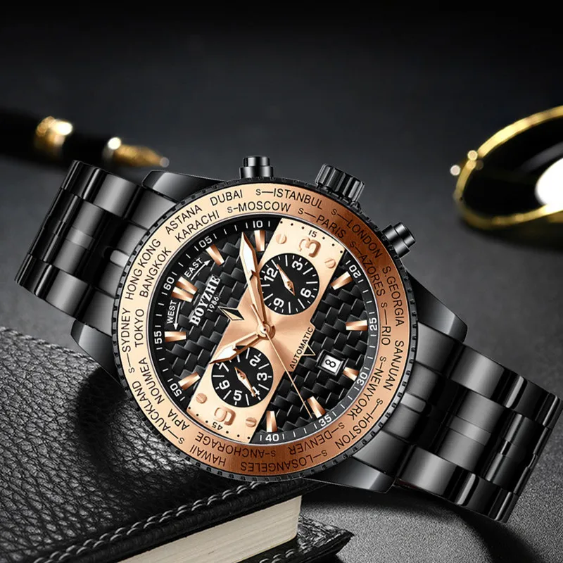 

BOYZHE Sale Men Fashion Sport Watch Automatic Mechanical Wrist Watch Multiple Time Zone Display Waterproof Wrist Watch for Men