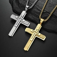 european and american domineering titanium steel three layer muscle male cross pendant necklace for men women