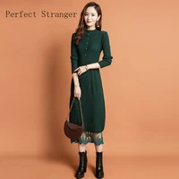 2021 autumn winter new arrival high quality elegant long sleeve stand collar women knitting long dress