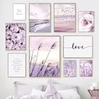 Картина на холсте Стена чайки с изображением фиолетового моря, скандинавские рисунки язычков, розы, пиона, плакаты и принты, картина с цветами для украшения гостиной