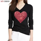 Женская футболка с вышивкой в виде сердца и блестками, с длинным рукавом, весна-осень размера плюс, Женская хлопковая футболка в Корейском стиле, 2021