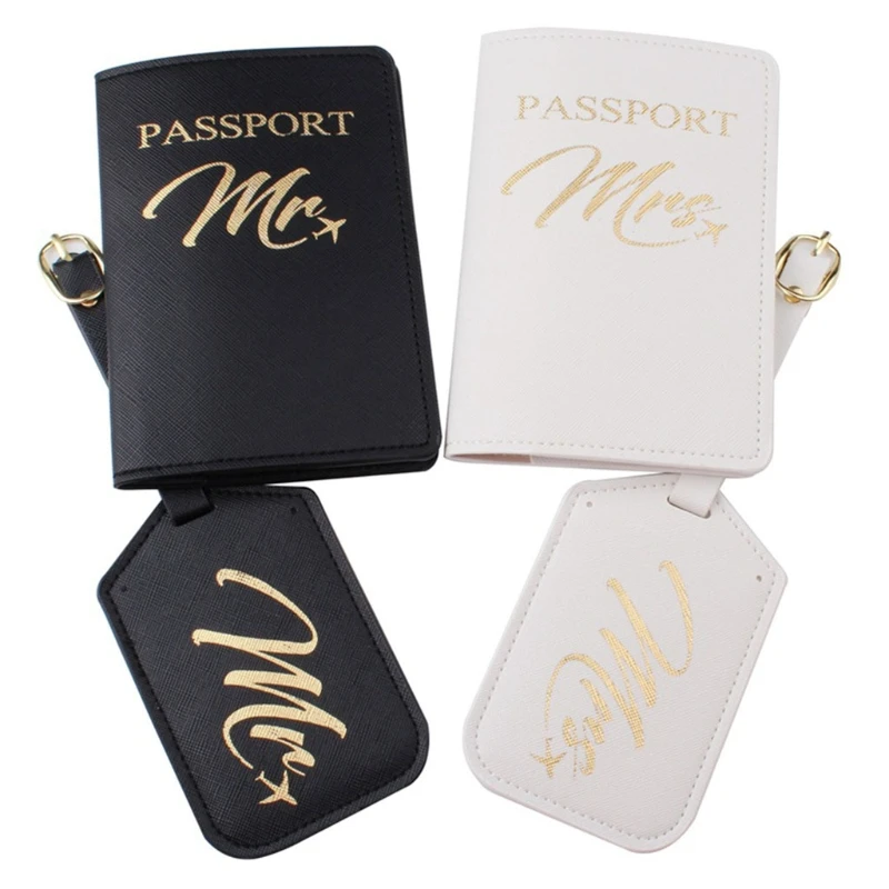 

N7MF 4pcs Mr Mrs Passport Cover with Luggage Tags Holder Case Organizer ID Card Travel Protector Organizer