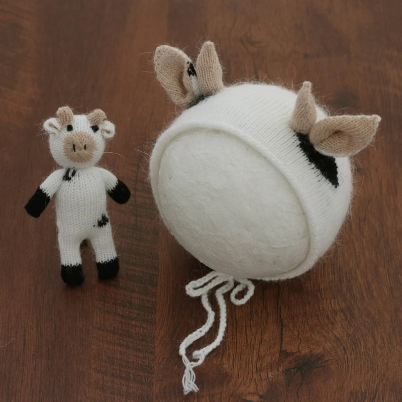 

77HD 2 Pcs Baby Knitting Cow Hat Animal Doll Set Handmade Crochet Mohair Beanies Newborn Photography Props Bonnet
