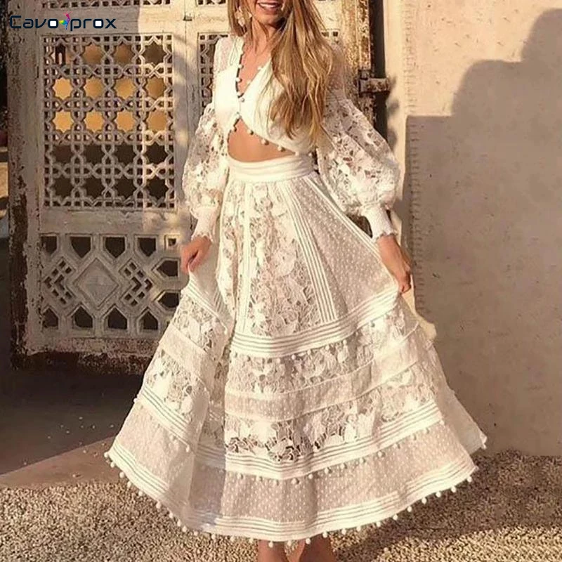 Women Two Piece Matching Sets Elegant Long Sleeve Plunge V-neck Short Top& Ankle-Length Tassel Design Fashion Skirt - Цвет: Белый