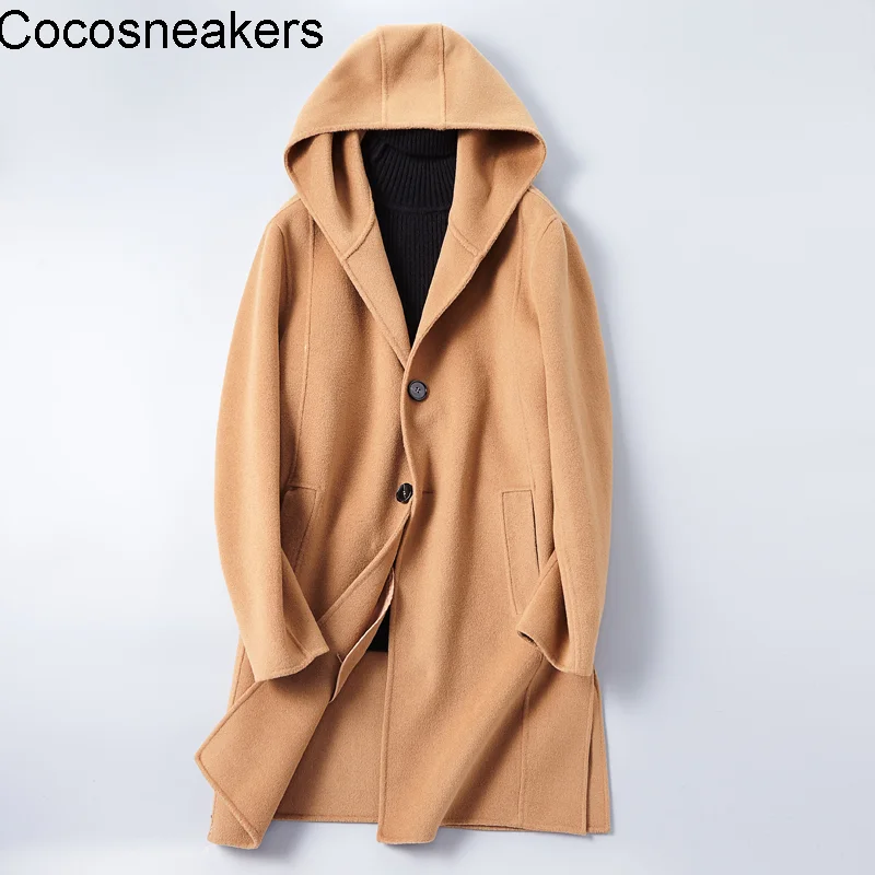 

New Medium and long cashmere coat men's Korean version slim fit simple literary youth large size hooded double-sided tweed