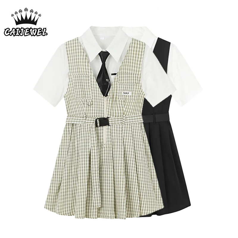 Plaid Straps Skirt Shirt Suit White Short Sleeve TOP Blouse Pleated Dress Fashion Two Piece Dress New 2021 Summer Womens Suit