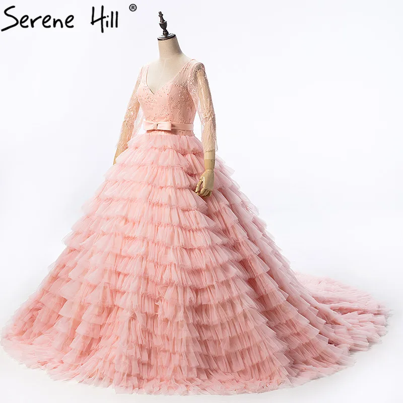 Персиковое сексуальное свадебное платье из тюля с длинными рукавами расшитое