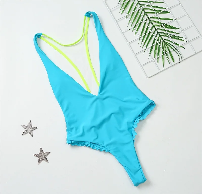 

2020 New High cut thong one piece swimsuit sexy women deep V neck backless swimwear bathing suit beachwear